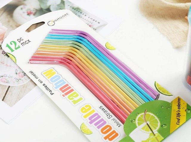 Reusable Rainbow Metal Drinking Straws with Cleaning Brush, Colorful Curved Aluminum Straws for Birthday Presents Party Favors